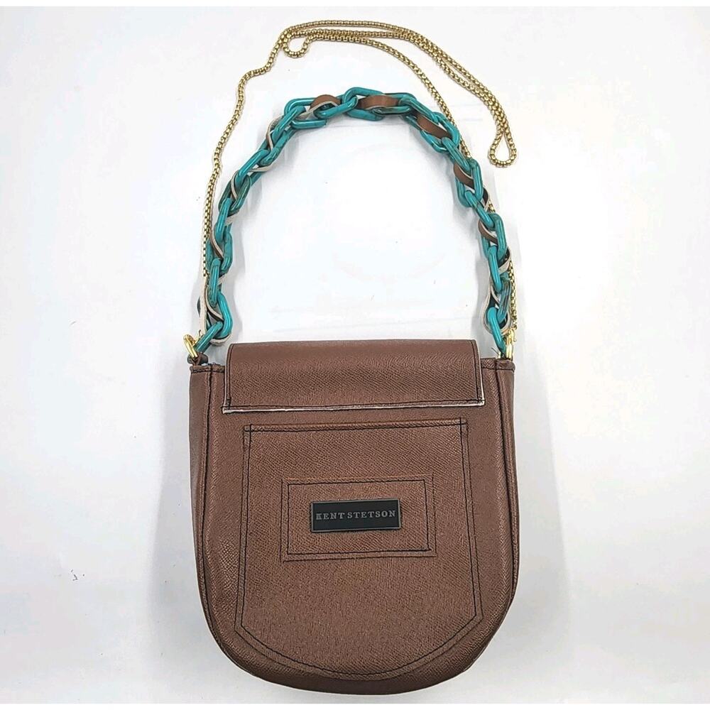 KENT STETSON Purse Chunky Turquoise Chain Gold Crossbody Strap Brown Leather - Picture 6 of 10